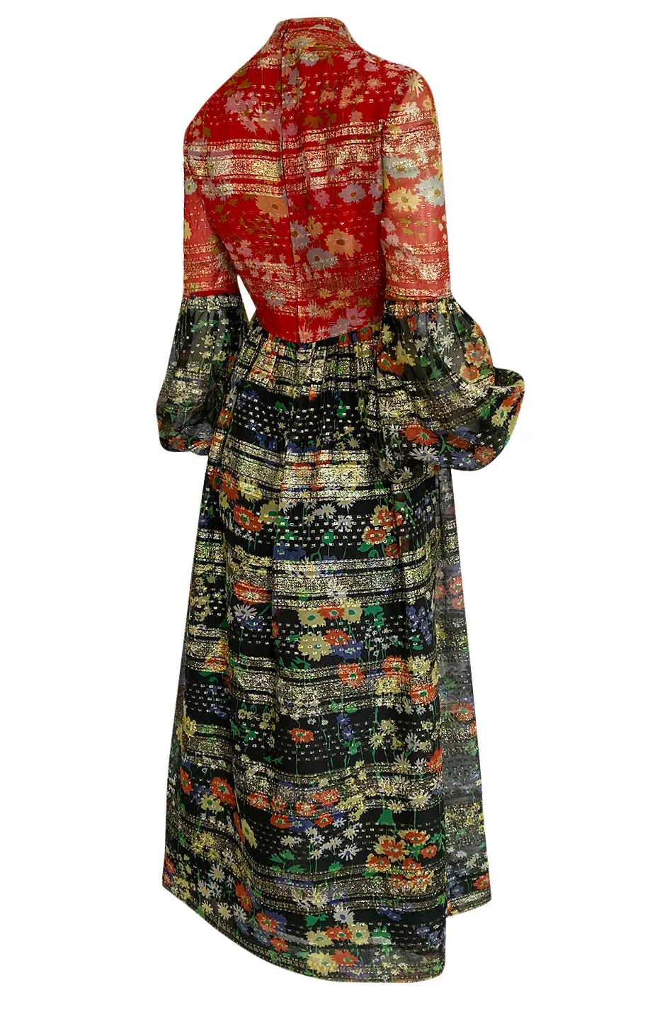 1960s Mollie Parnis Metallic Gold, Red & Black Floral Print Silk Dress