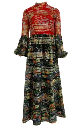 1960s Mollie Parnis Metallic Gold, Red & Black Floral Print Silk Dress