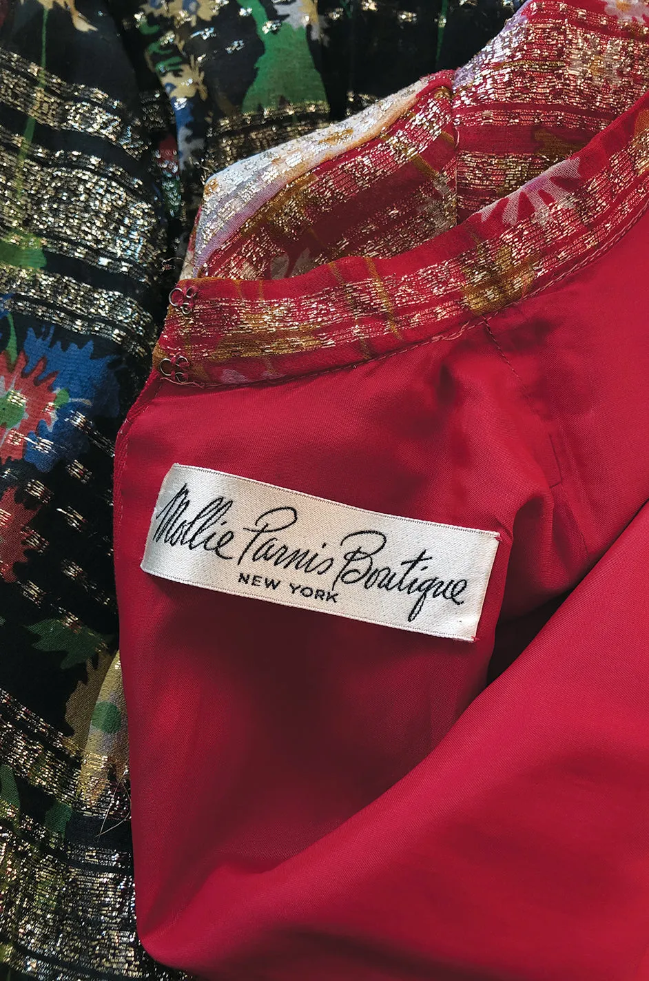 1960s Mollie Parnis Red & Black Floral Print Silk w Gold Metallic Dress