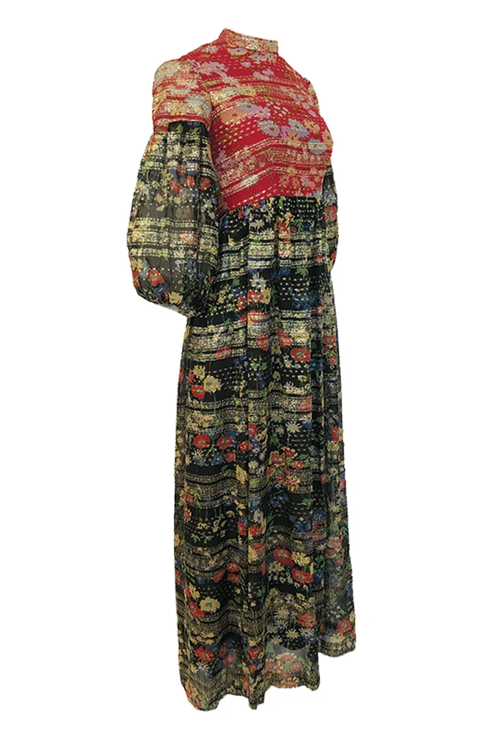 1960s Mollie Parnis Red & Black Floral Print Silk w Gold Metallic Dress