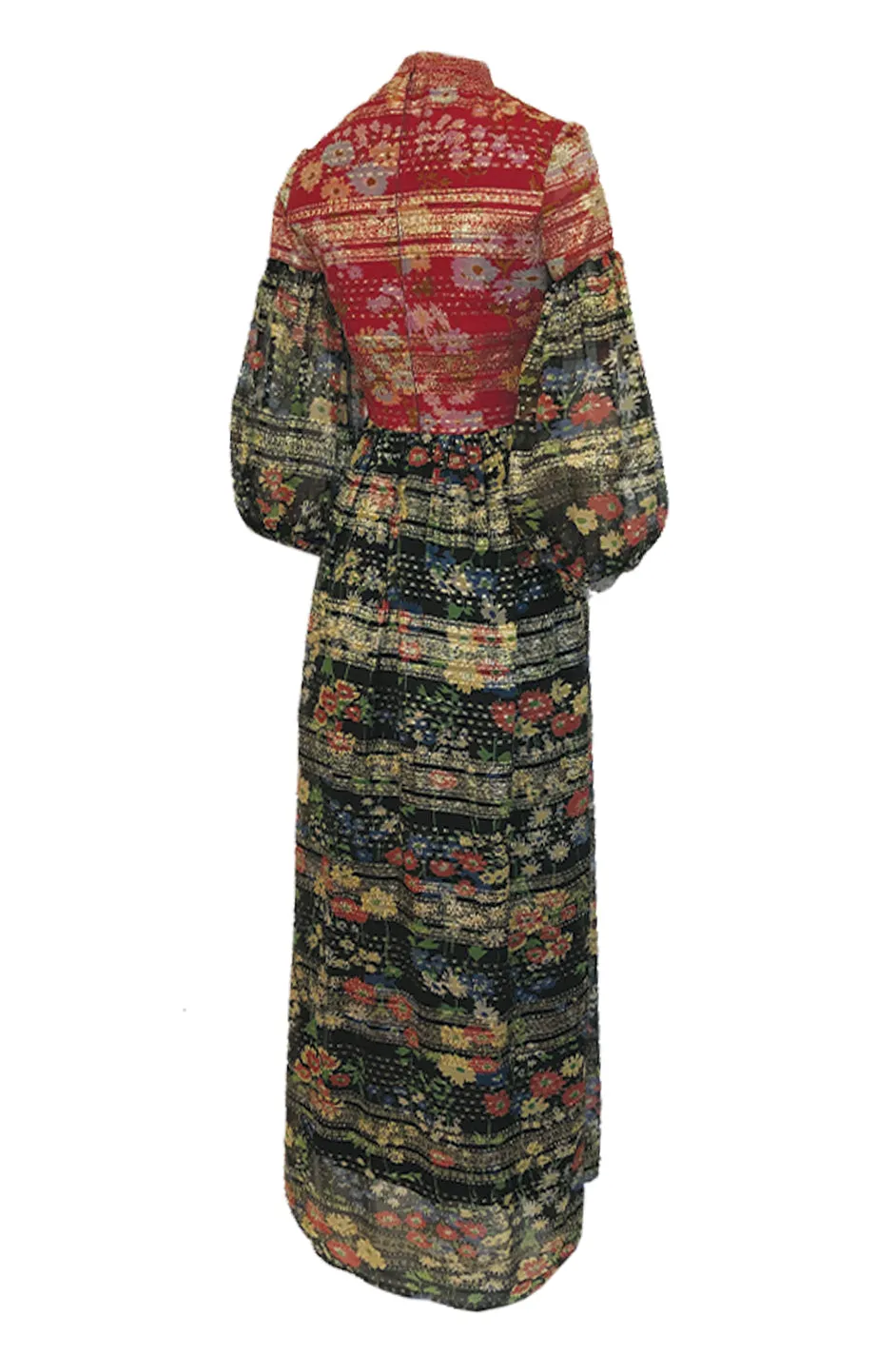 1960s Mollie Parnis Red & Black Floral Print Silk w Gold Metallic Dress