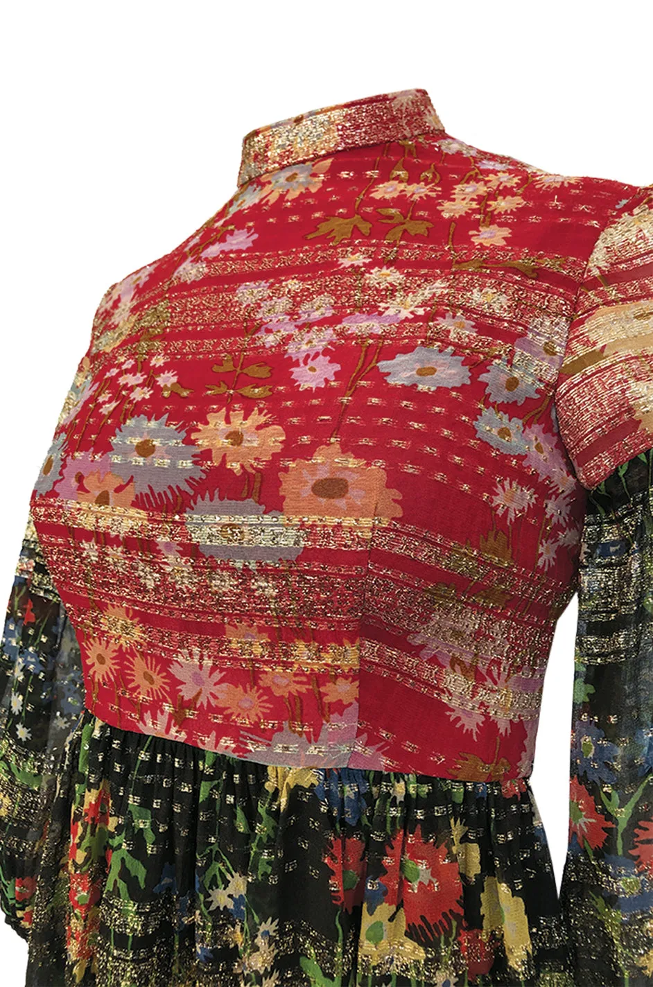 1960s Mollie Parnis Red & Black Floral Print Silk w Gold Metallic Dress