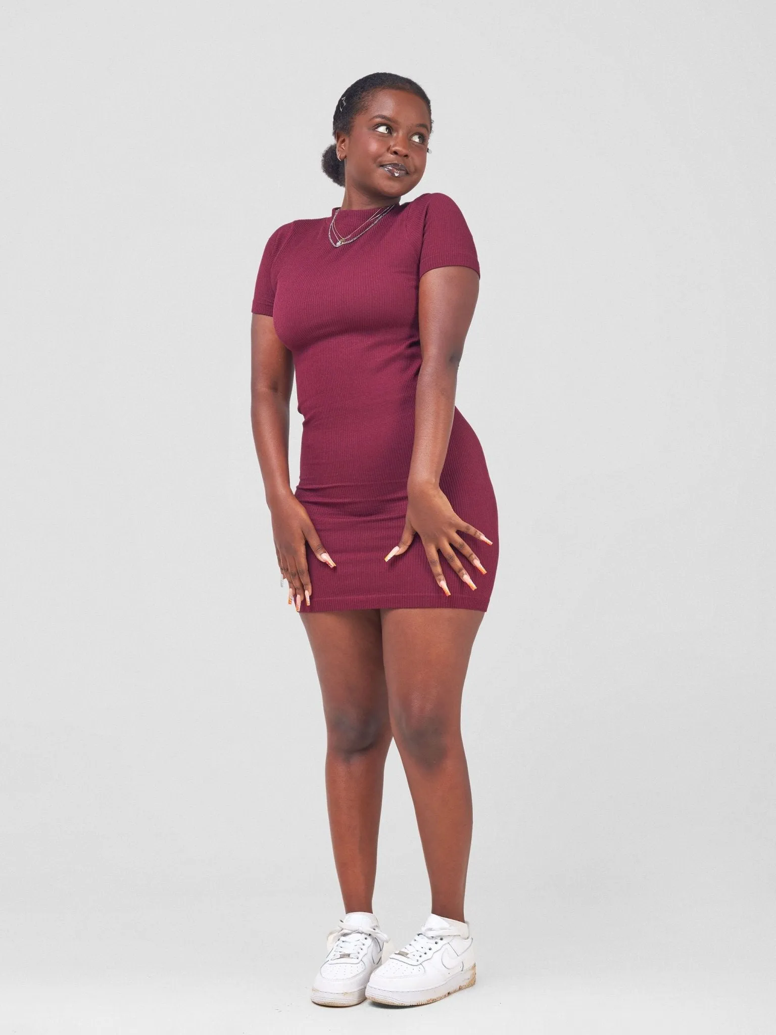 Anika Seamless Mock Neck S/S Dress - Wine
