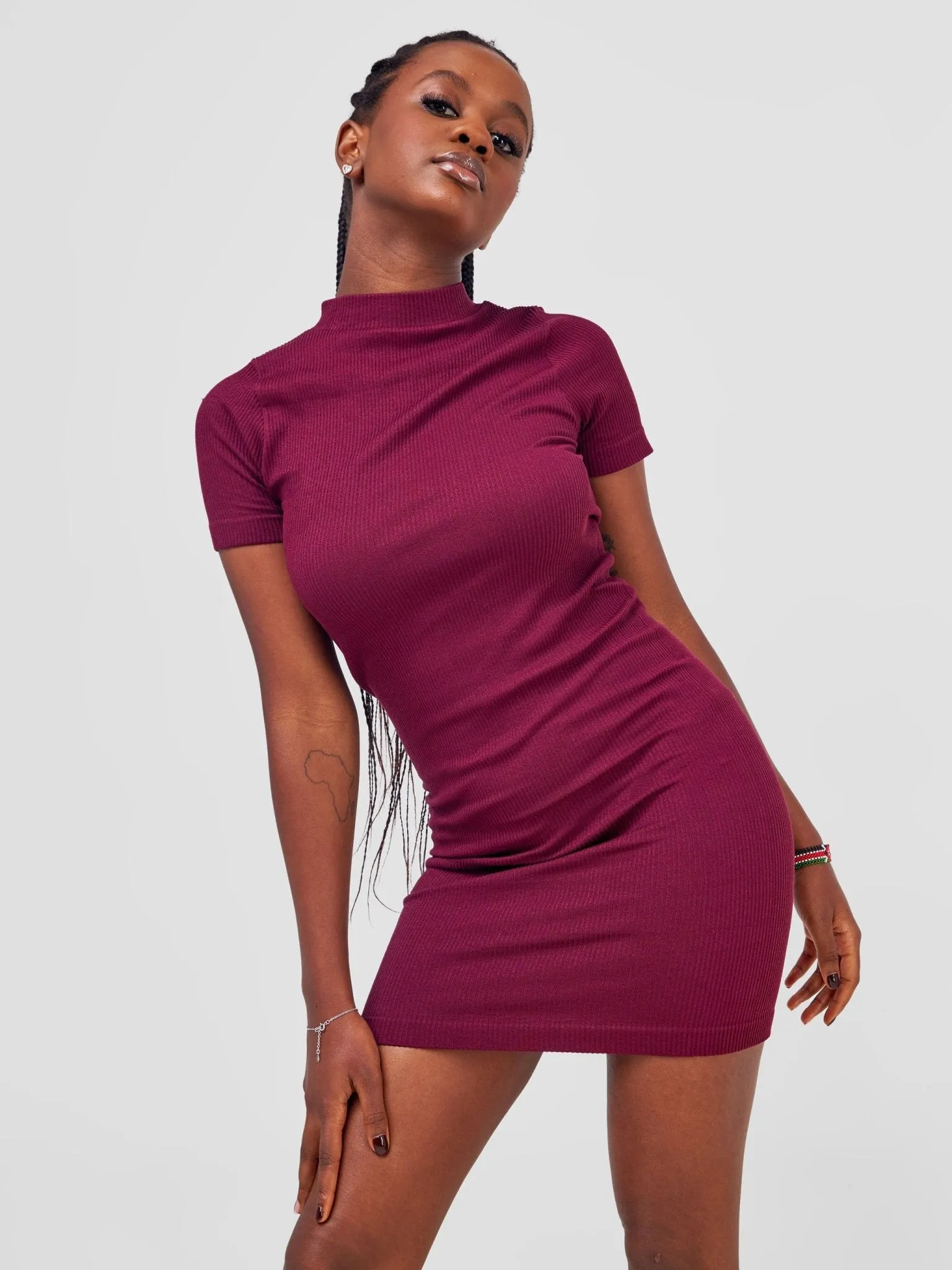 Anika Seamless Mock Neck S/S Dress - Wine