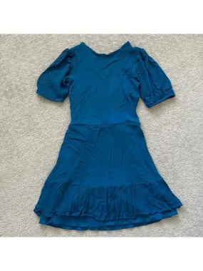 B DARLIN Womens Teal Smocked Ruffled Keyhole Tie Back Pouf Sleeve Jewel Neck Short Fit   Flare Dress