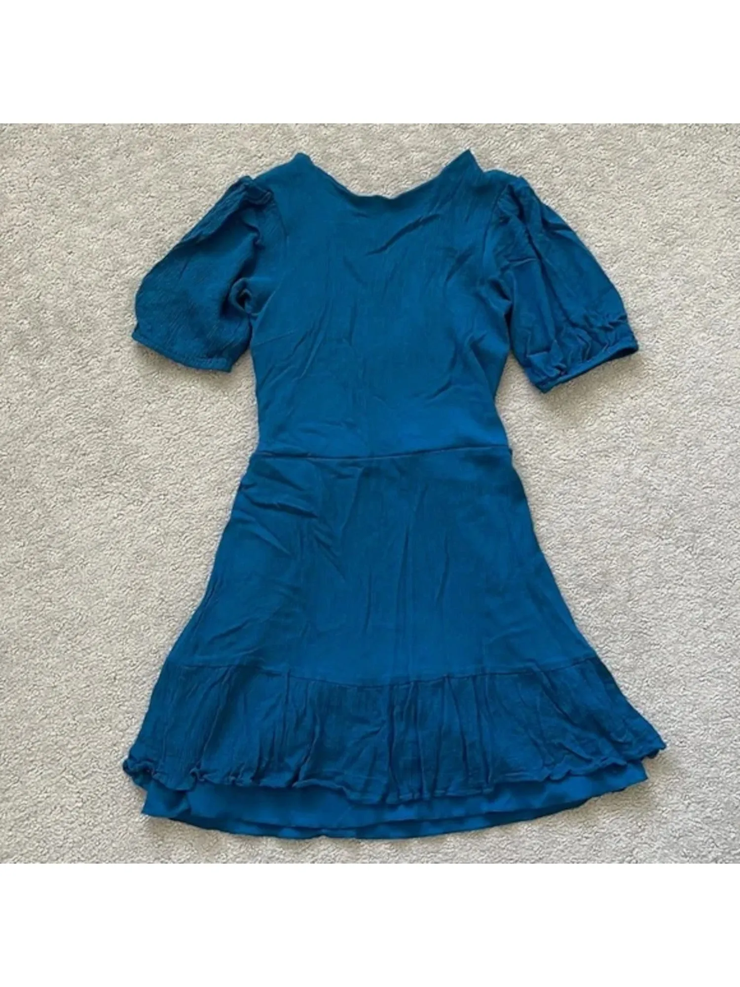B DARLIN Womens Teal Smocked Ruffled Keyhole Tie Back Pouf Sleeve Jewel Neck Short Fit   Flare Dress