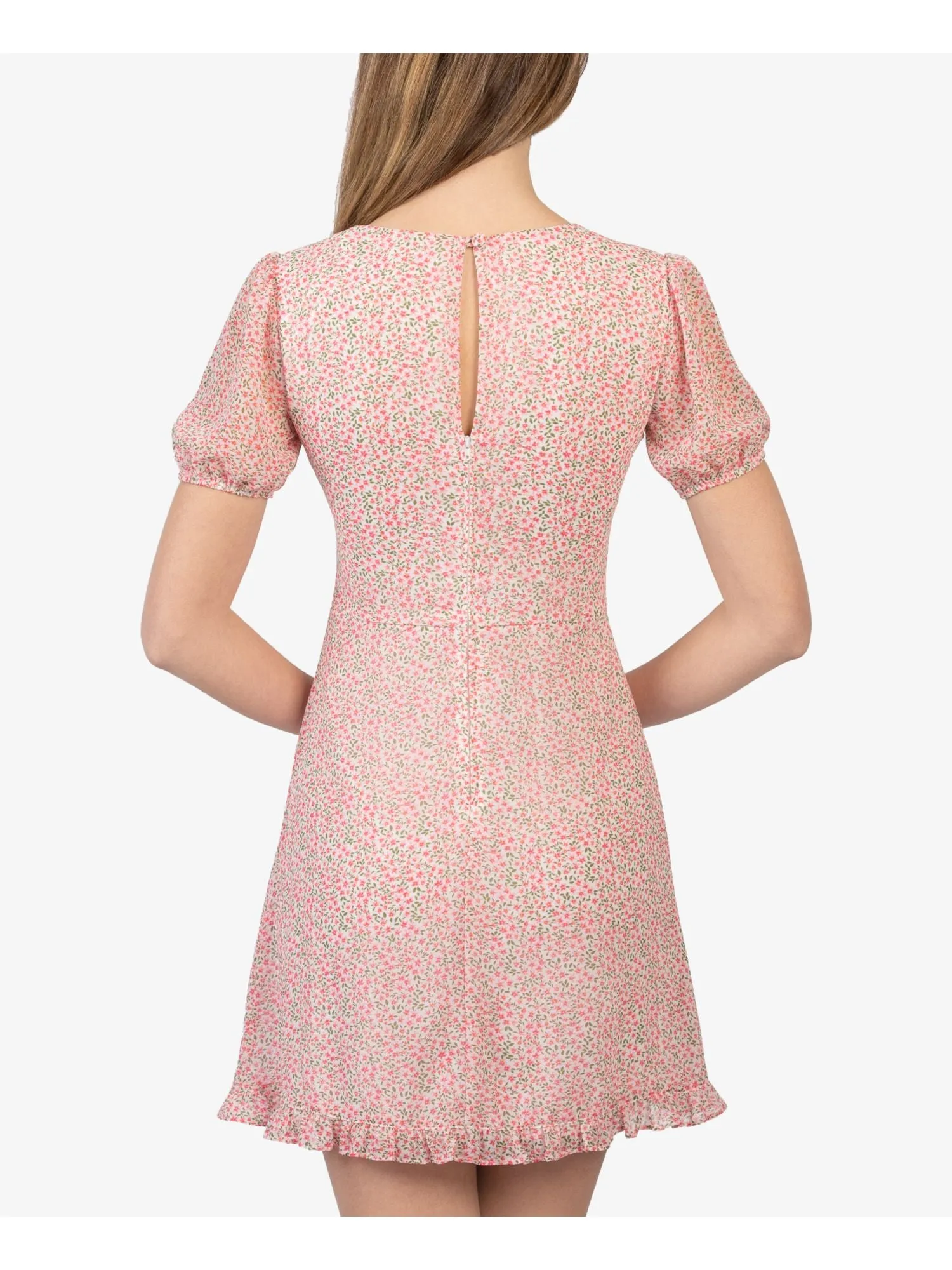 B DARLIN Womens White Zippered Ruffled Chiffon Keyhole-back Floral Pouf Sleeve V Neck Short Party Fit   Flare Dress