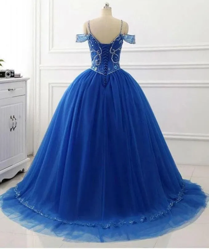 Ball Gown Off the Shoulder Royal Blue Quinceanera Dresses Beaded V Neck Prom Dresses
