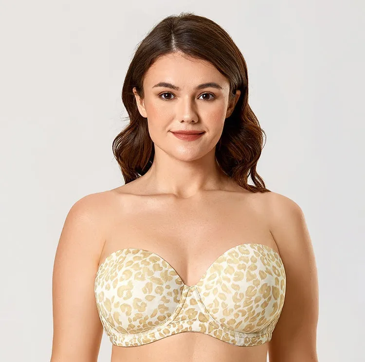 Beige Underwire Plus Size Full Coverage Printed Strapless Bra for Women