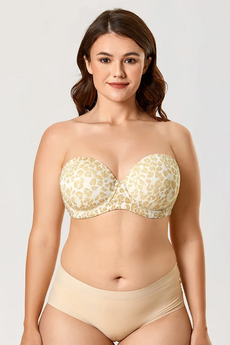 Beige Underwire Plus Size Full Coverage Printed Strapless Bra for Women