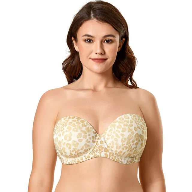 Beige Underwire Plus Size Full Coverage Printed Strapless Bra for Women