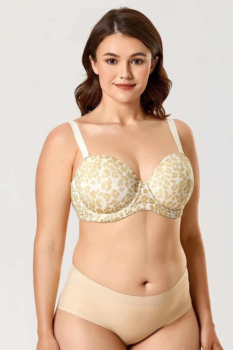 Beige Underwire Plus Size Full Coverage Printed Strapless Bra for Women