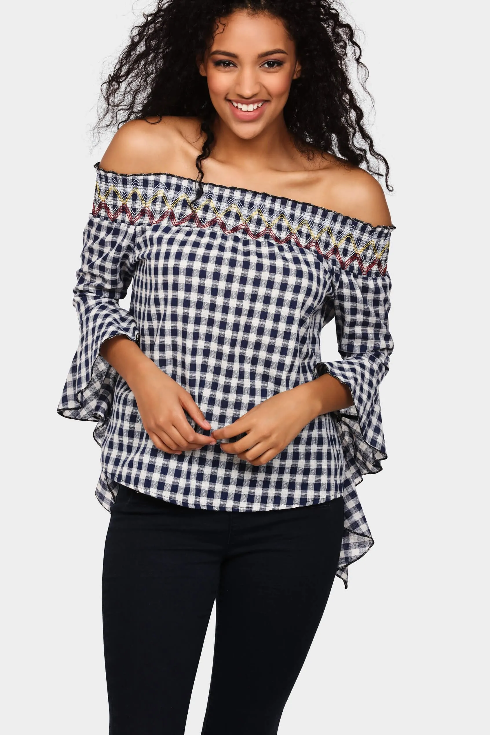Blue Gingham Off Shoulder Top