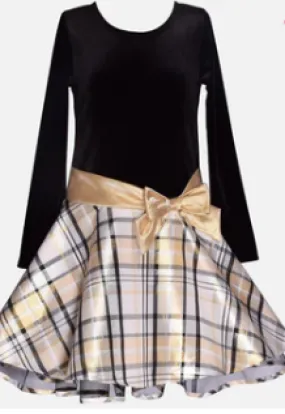 Bonnie Jean Black Velvet and Gold Plaid Long Sleeve Dress