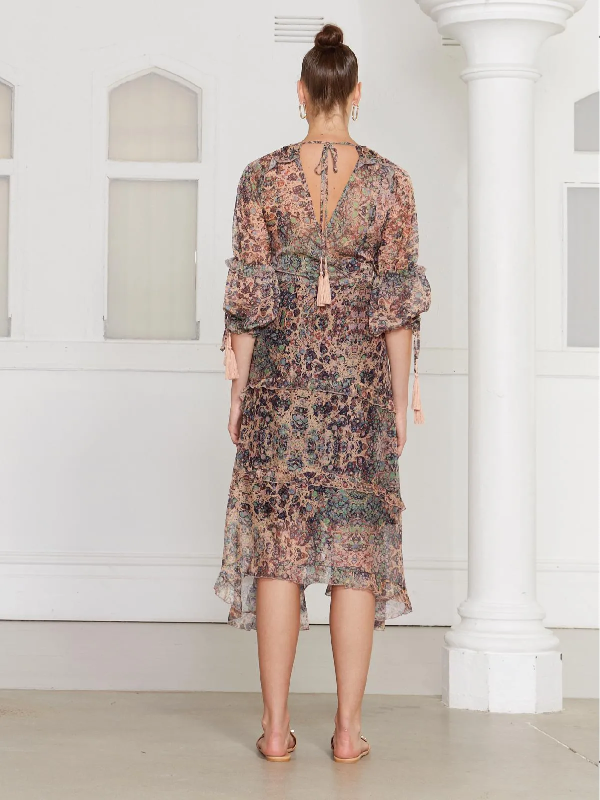Grand Palace Beige Chiffon Marble Midi LS Dress