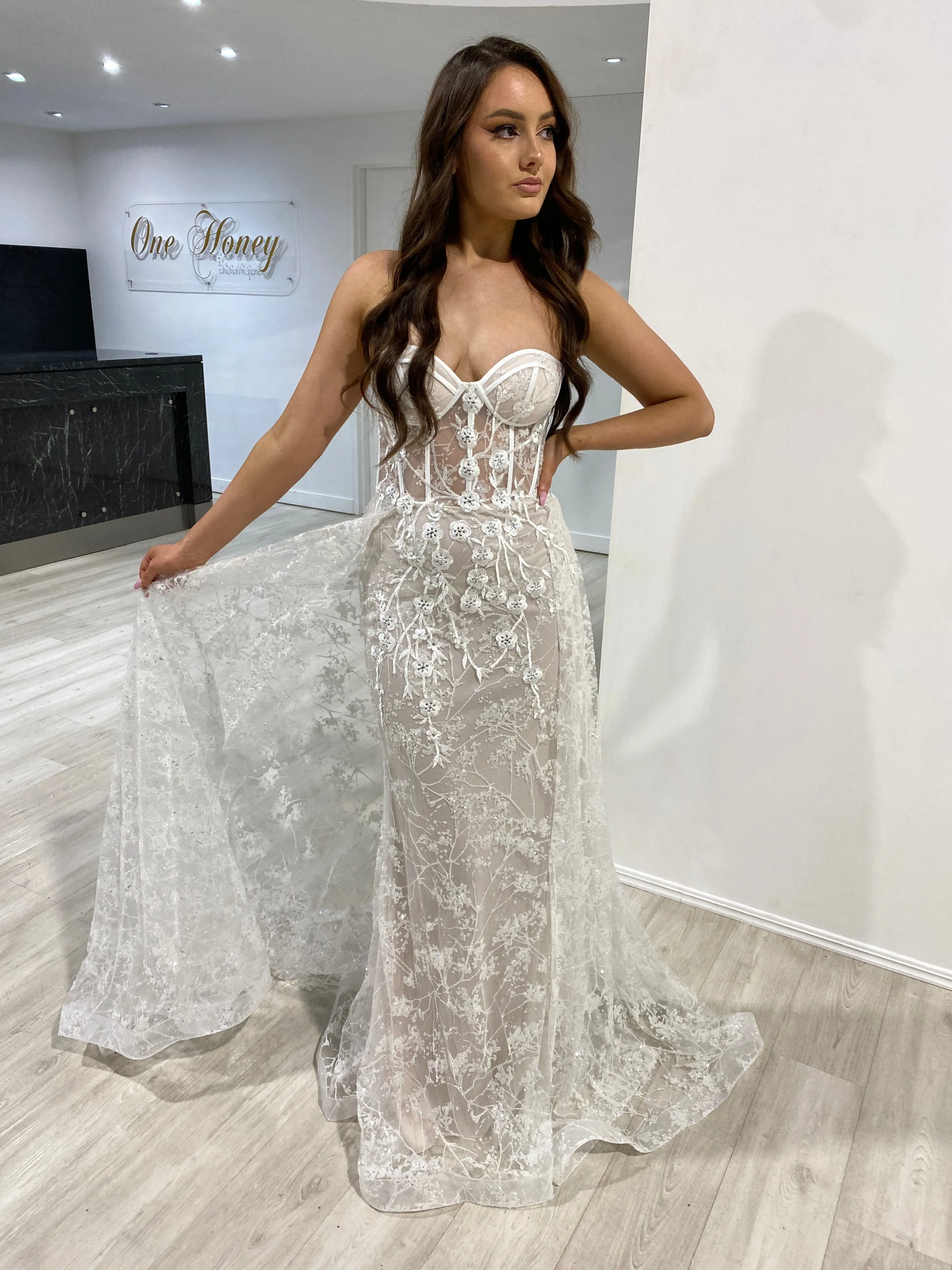 Honey Couture ASTRA Off White Strapless Corset Bridal Overskirt Formal Dress