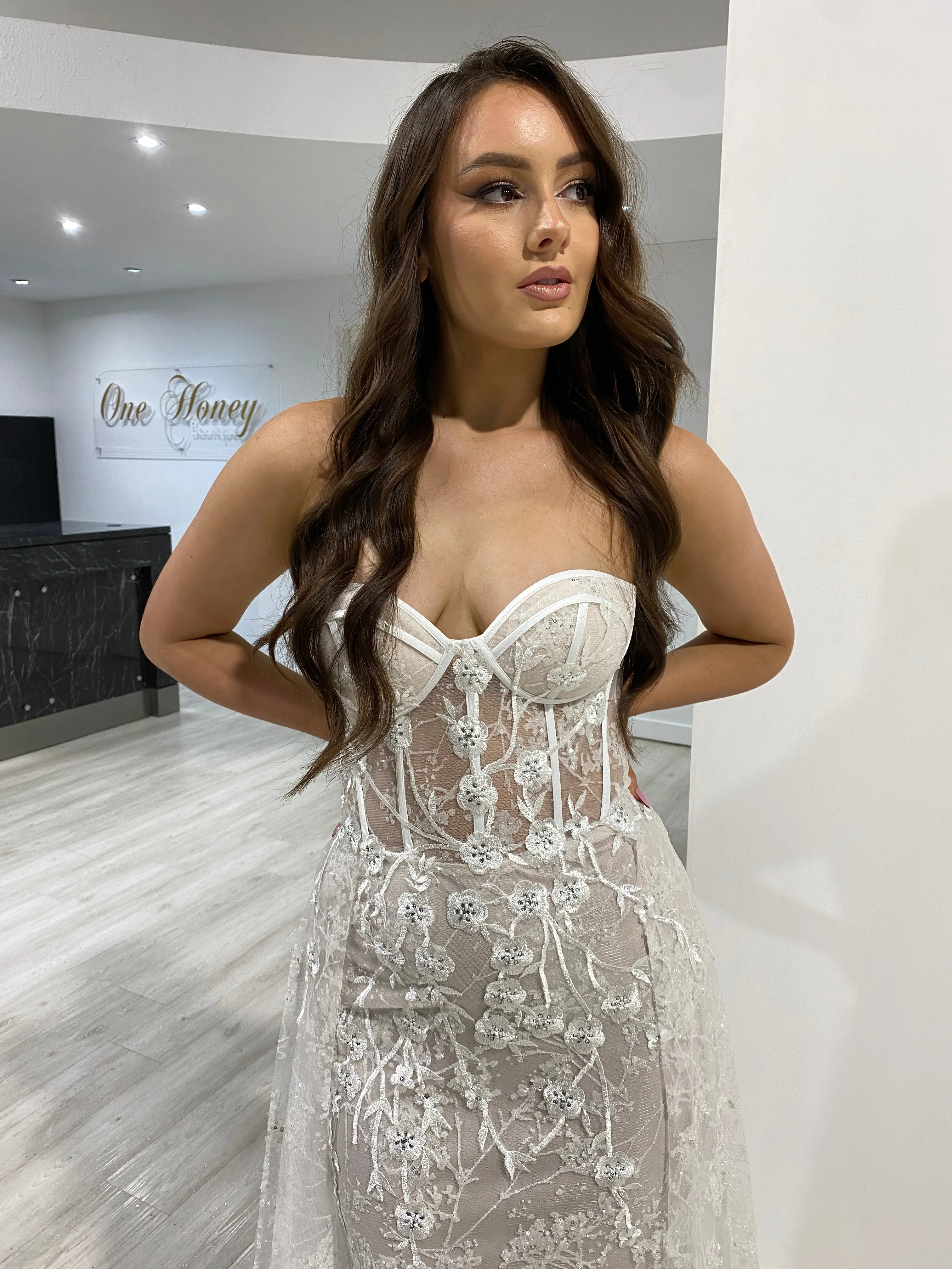 Honey Couture ASTRA Off White Strapless Corset Bridal Overskirt Formal Dress