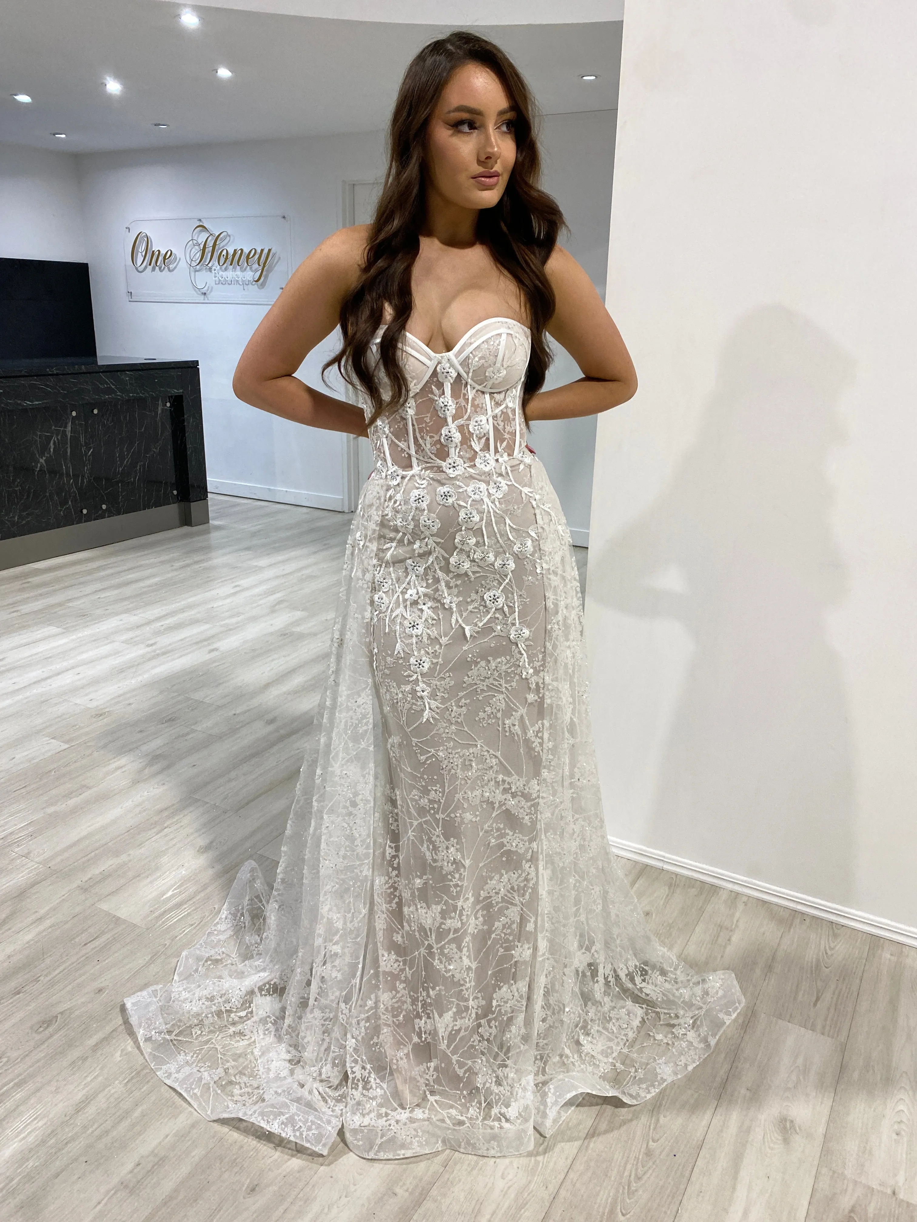 Honey Couture ASTRA Off White Strapless Corset Bridal Overskirt Formal Dress