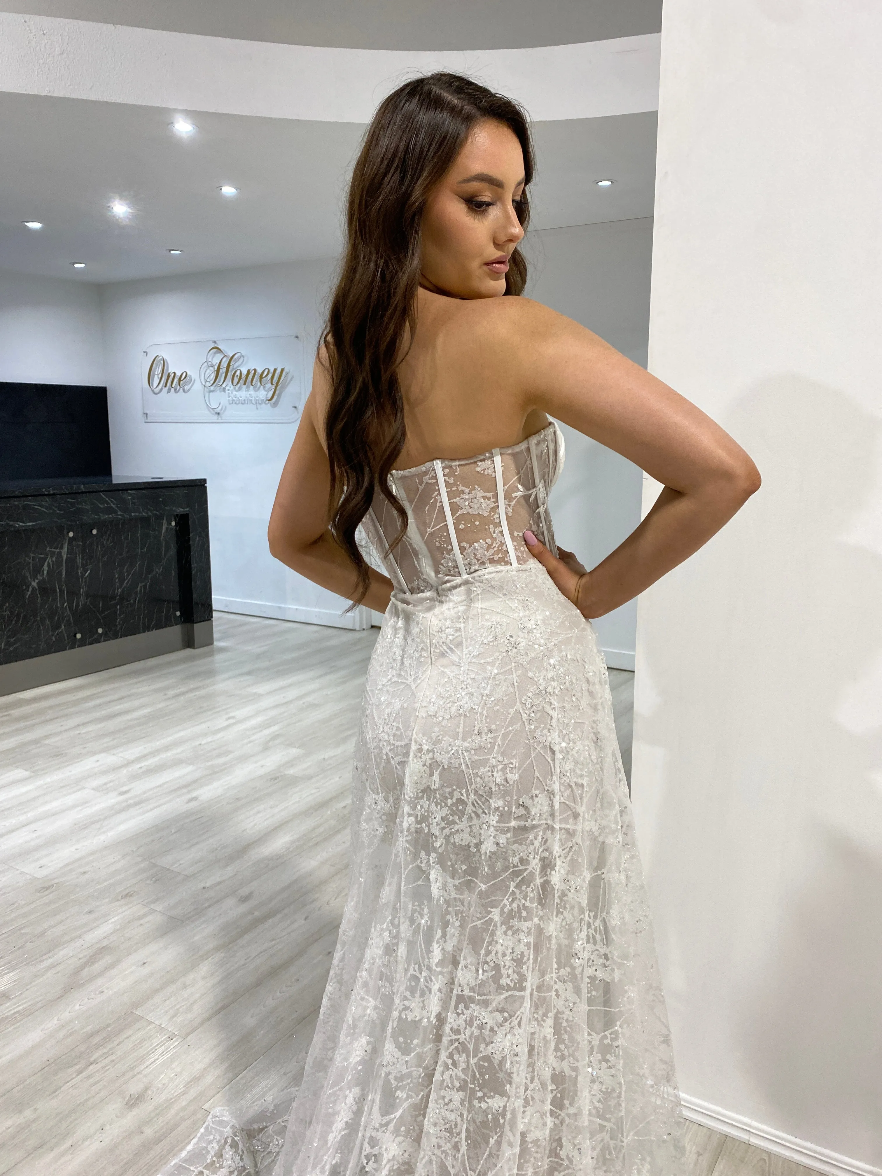 Honey Couture ASTRA Off White Strapless Corset Bridal Overskirt Formal Dress