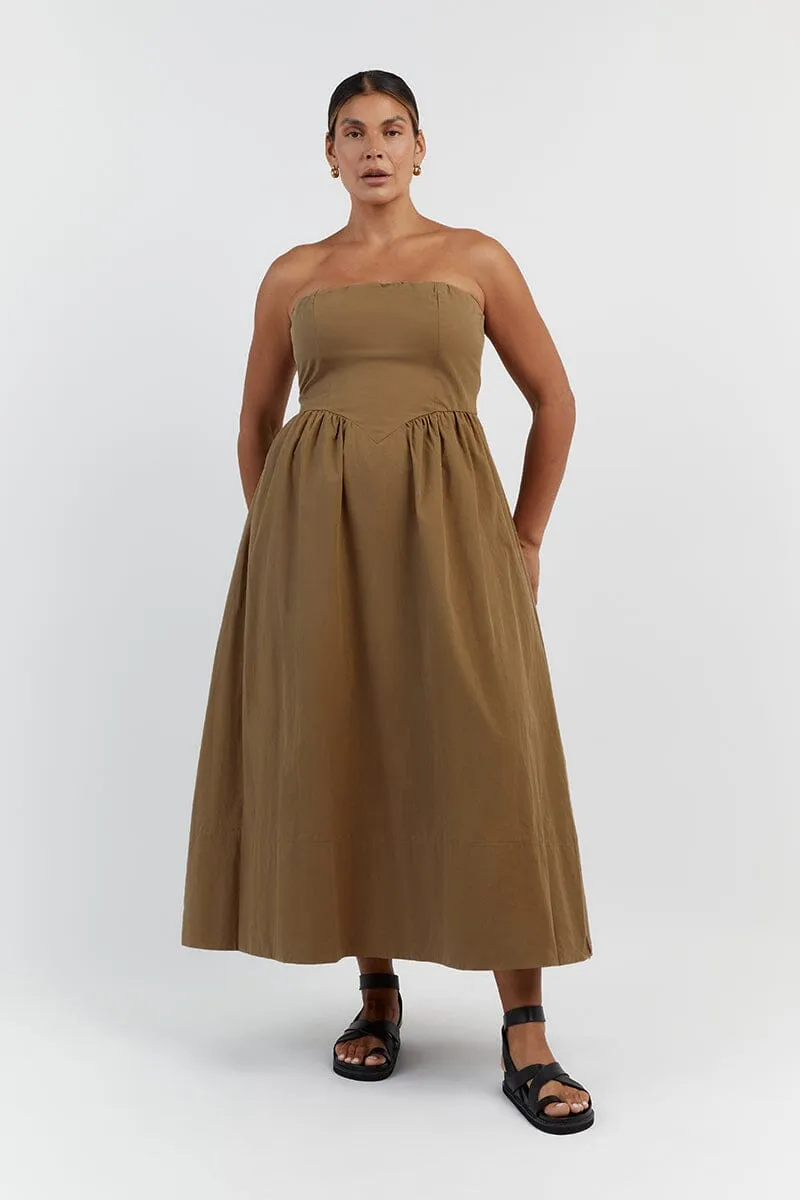 HYLAND COFFEE STRAPLESS MIDI DRESS