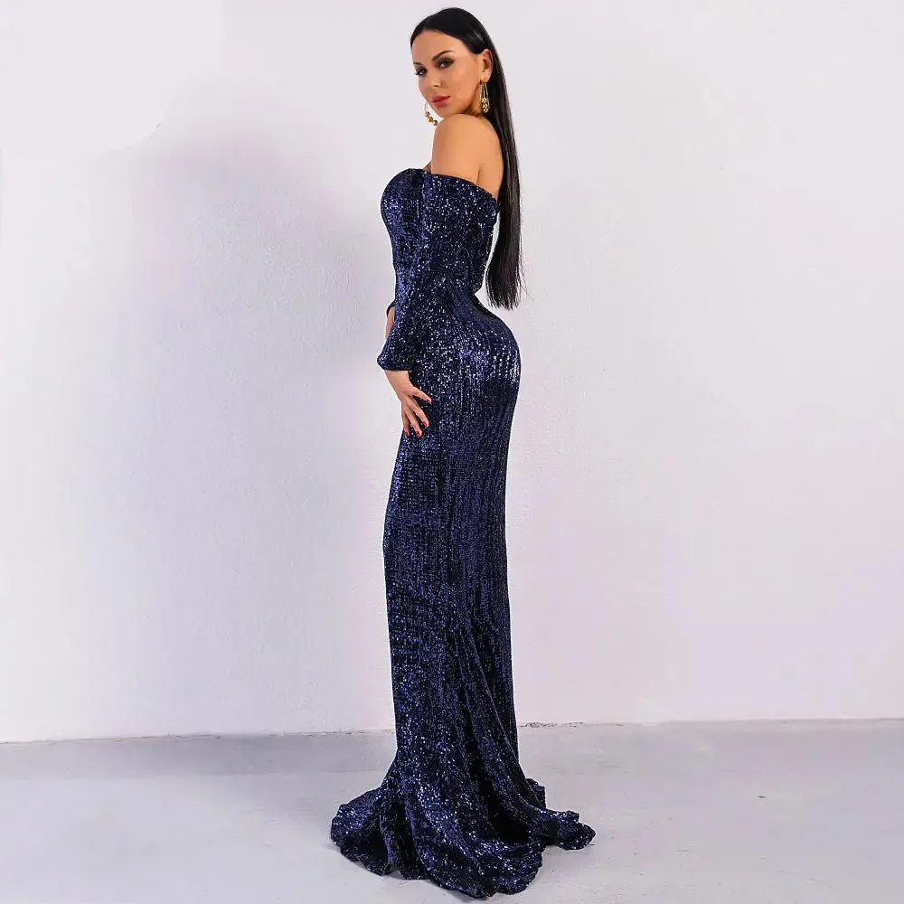Long Sleeve Off Shoulder Sequin Backless Dress