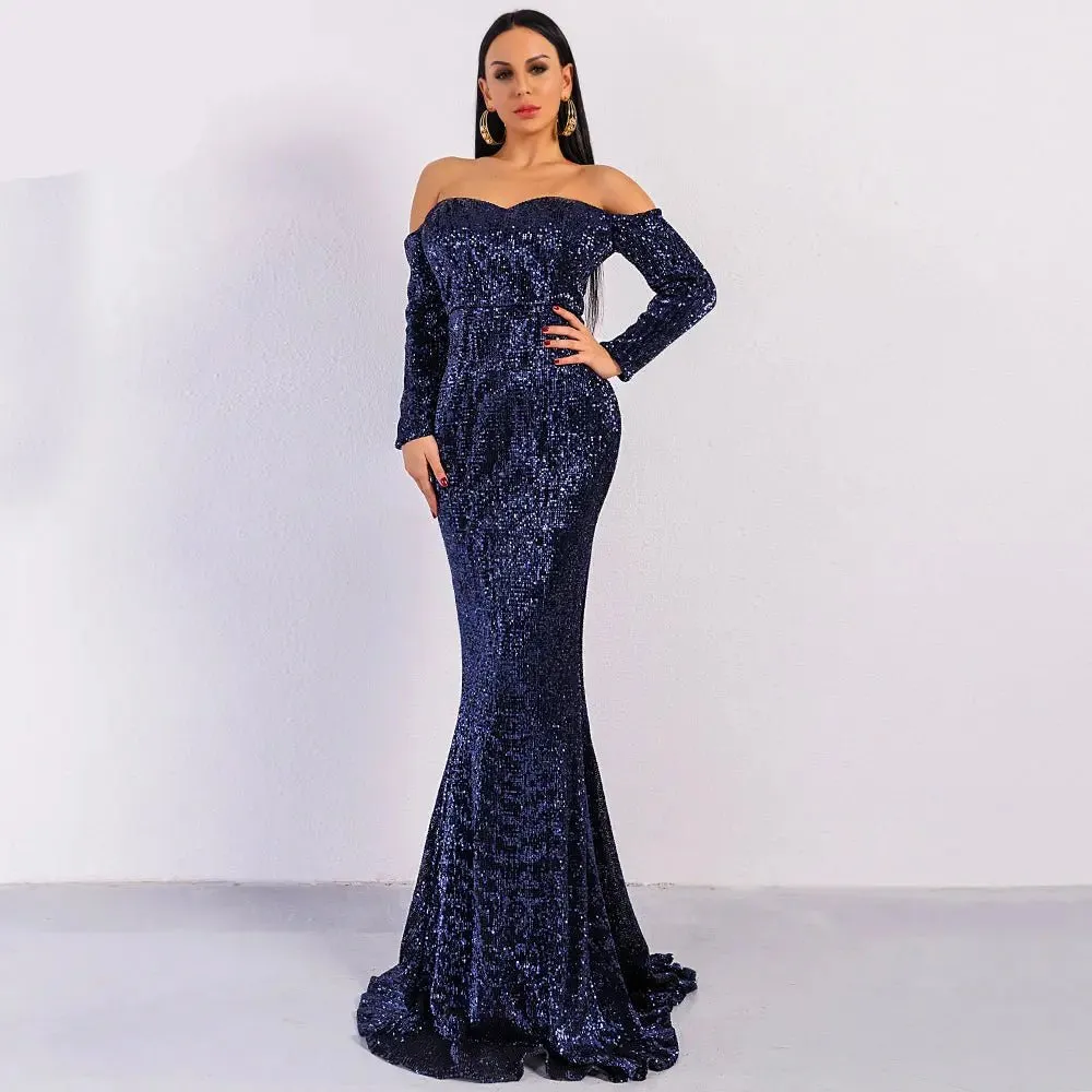 Long Sleeve Off Shoulder Sequin Backless Dress