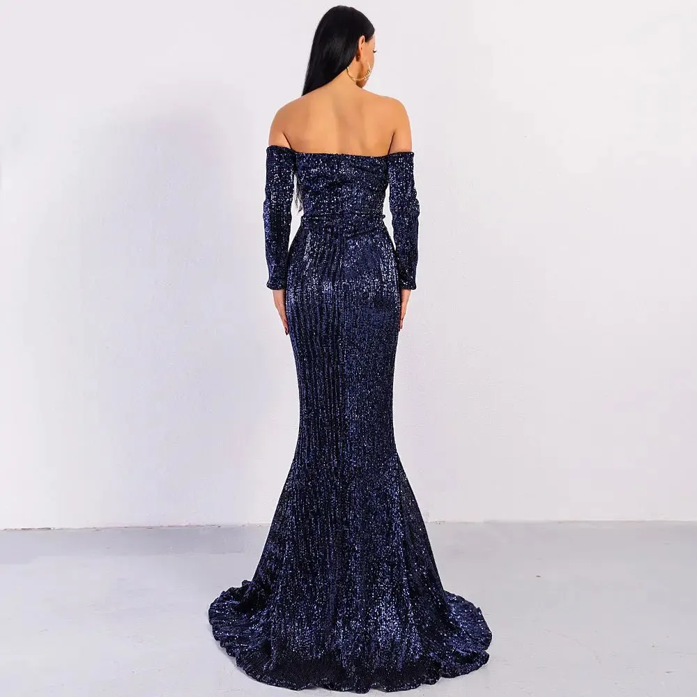 Long Sleeve Off Shoulder Sequin Backless Dress