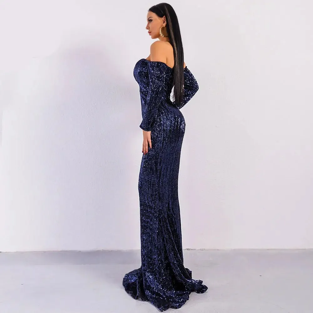 Long Sleeve Off Shoulder Sequin Backless Dress