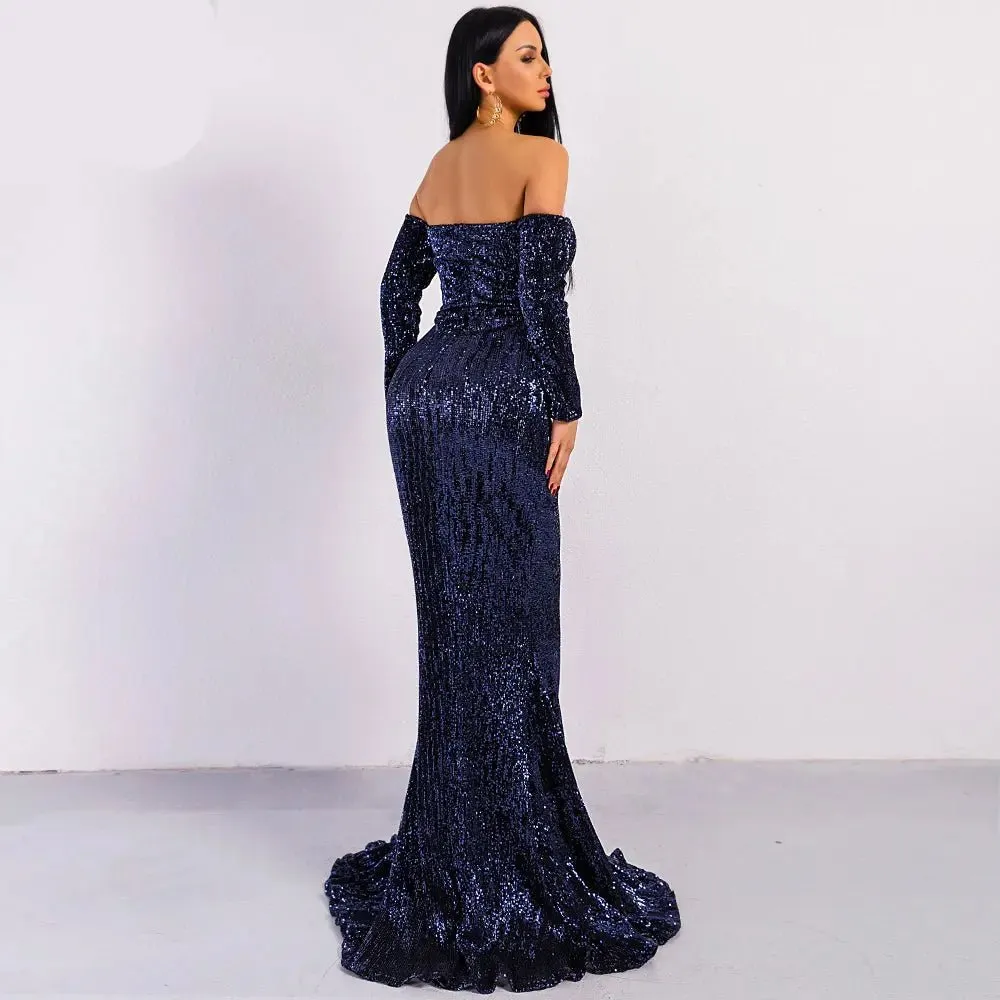 Long Sleeve Off Shoulder Sequin Backless Dress