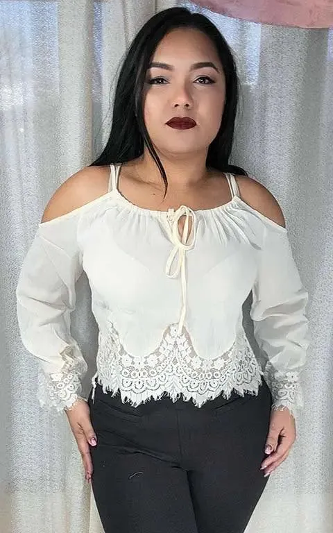 Open Shoulder Cream Top | Spaghetti straps Long Sleeves Blouse