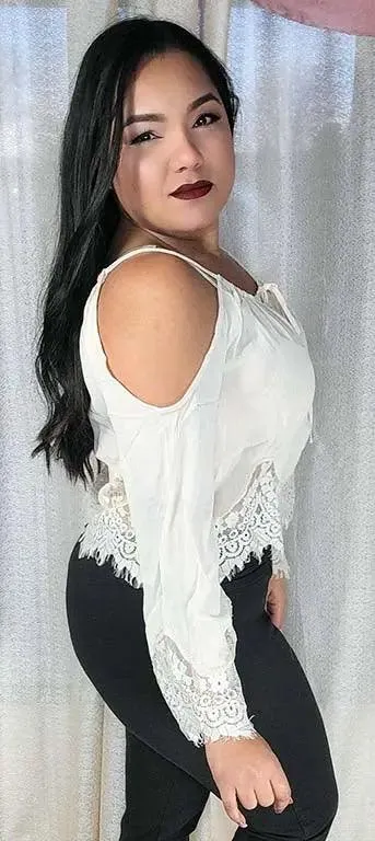 Open Shoulder Cream Top | Spaghetti straps Long Sleeves Blouse