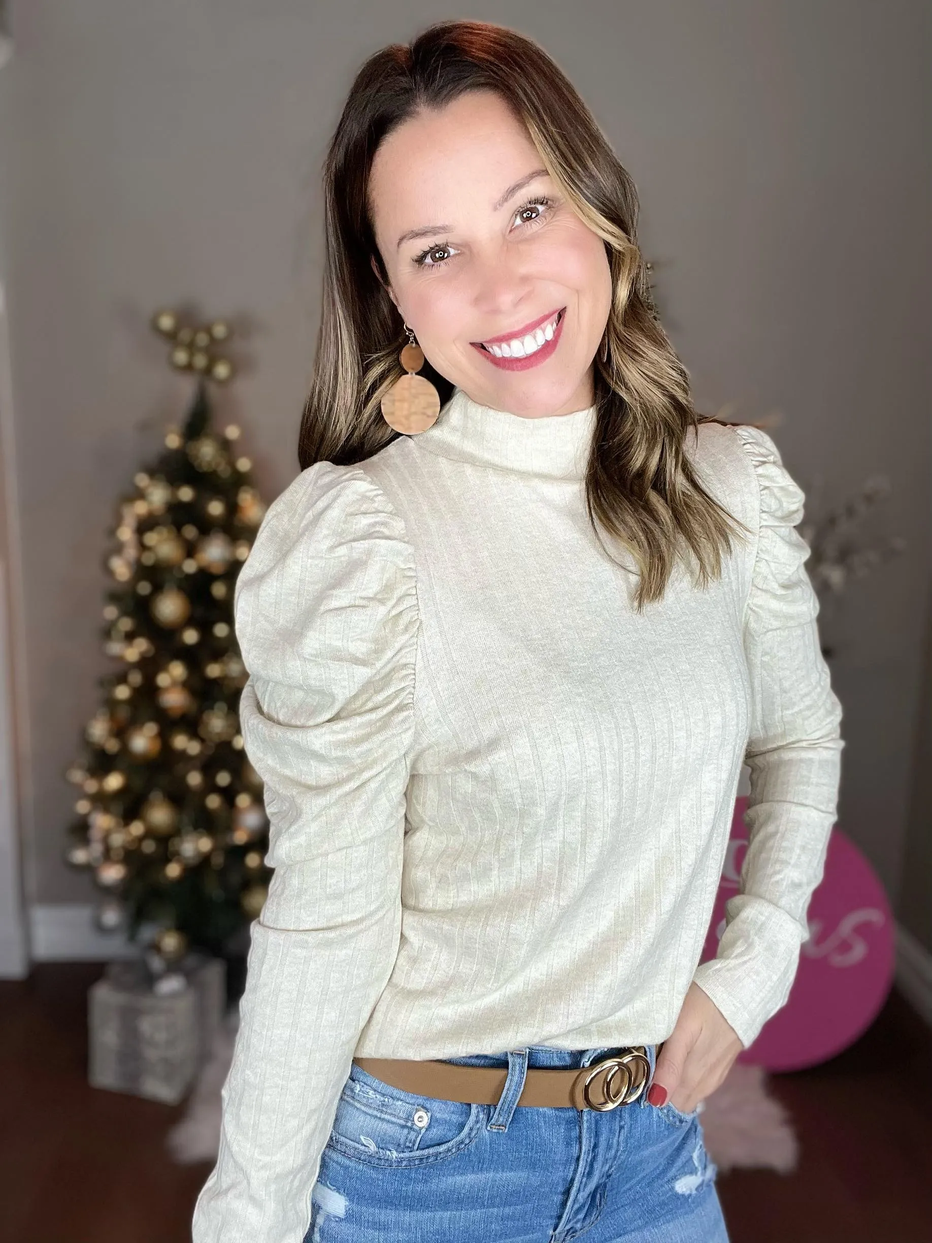 SAND BEIGE RIBBED PUFF MOCK NECK TOP with FREE EARRINGS!