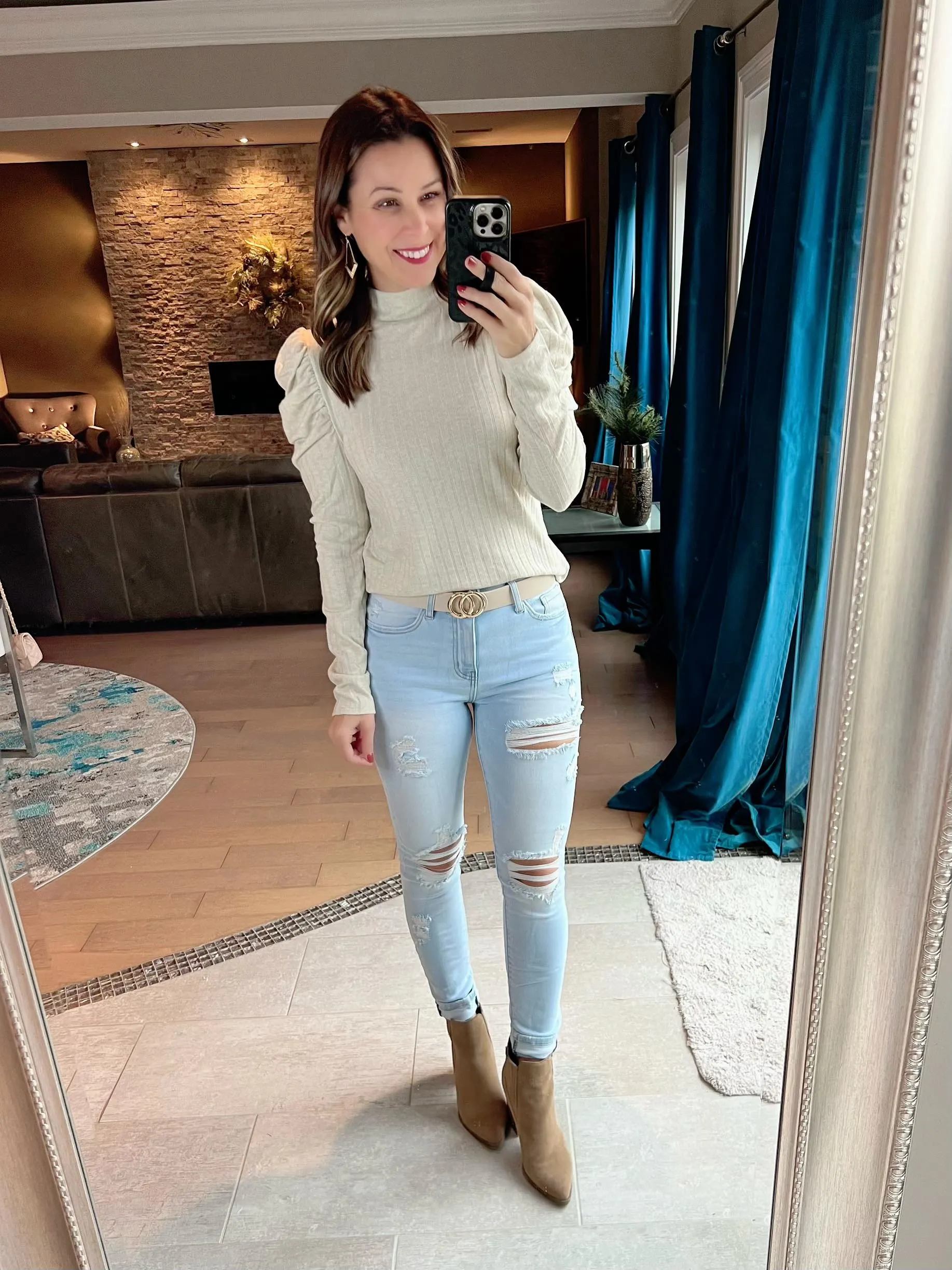 SAND BEIGE RIBBED PUFF MOCK NECK TOP with FREE EARRINGS!