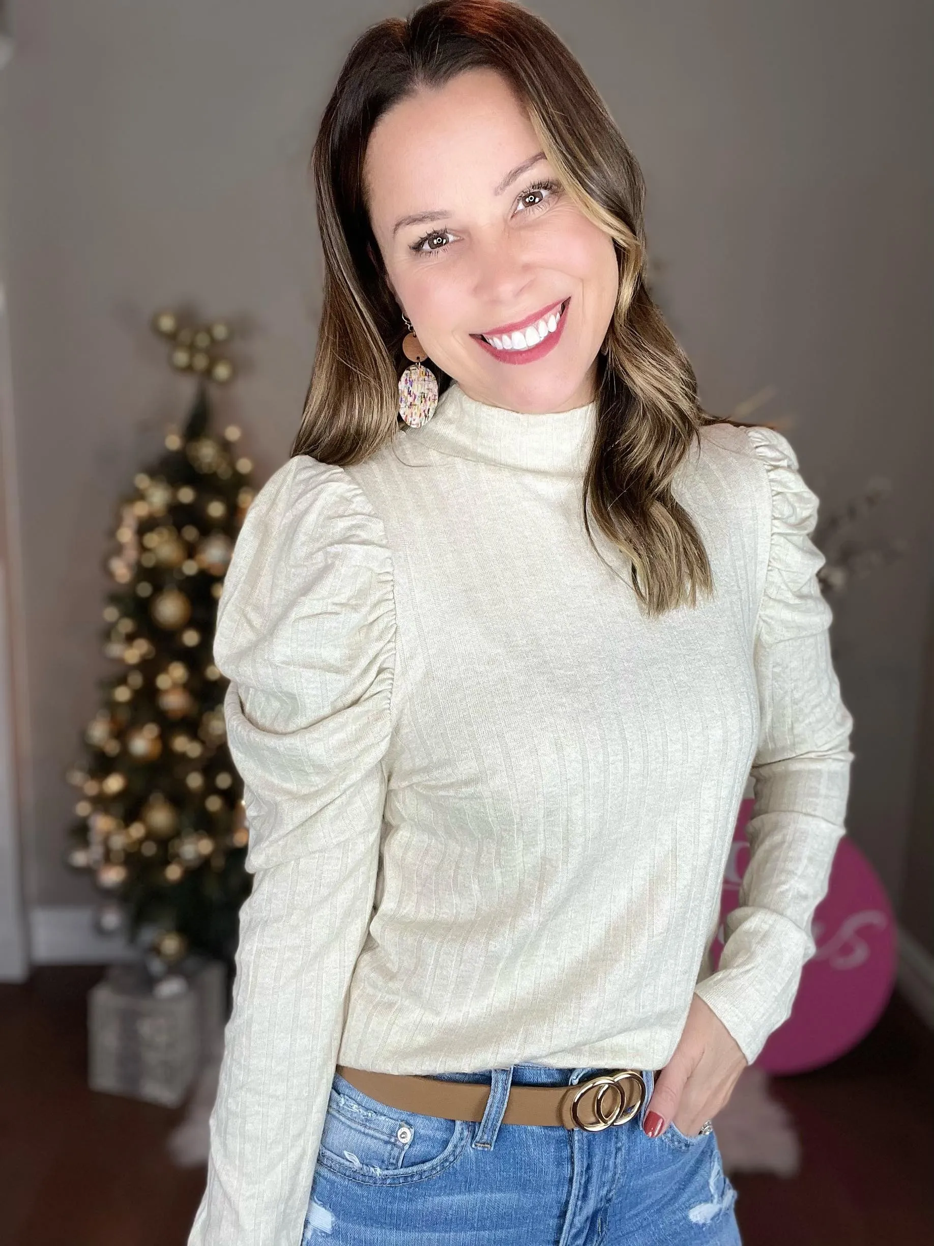 SAND BEIGE RIBBED PUFF MOCK NECK TOP with FREE EARRINGS!