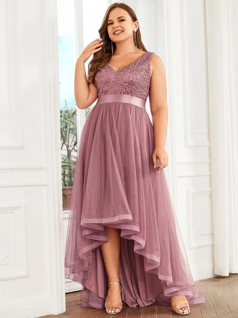 Sequin Top V-Neck High-Low Evening Dress