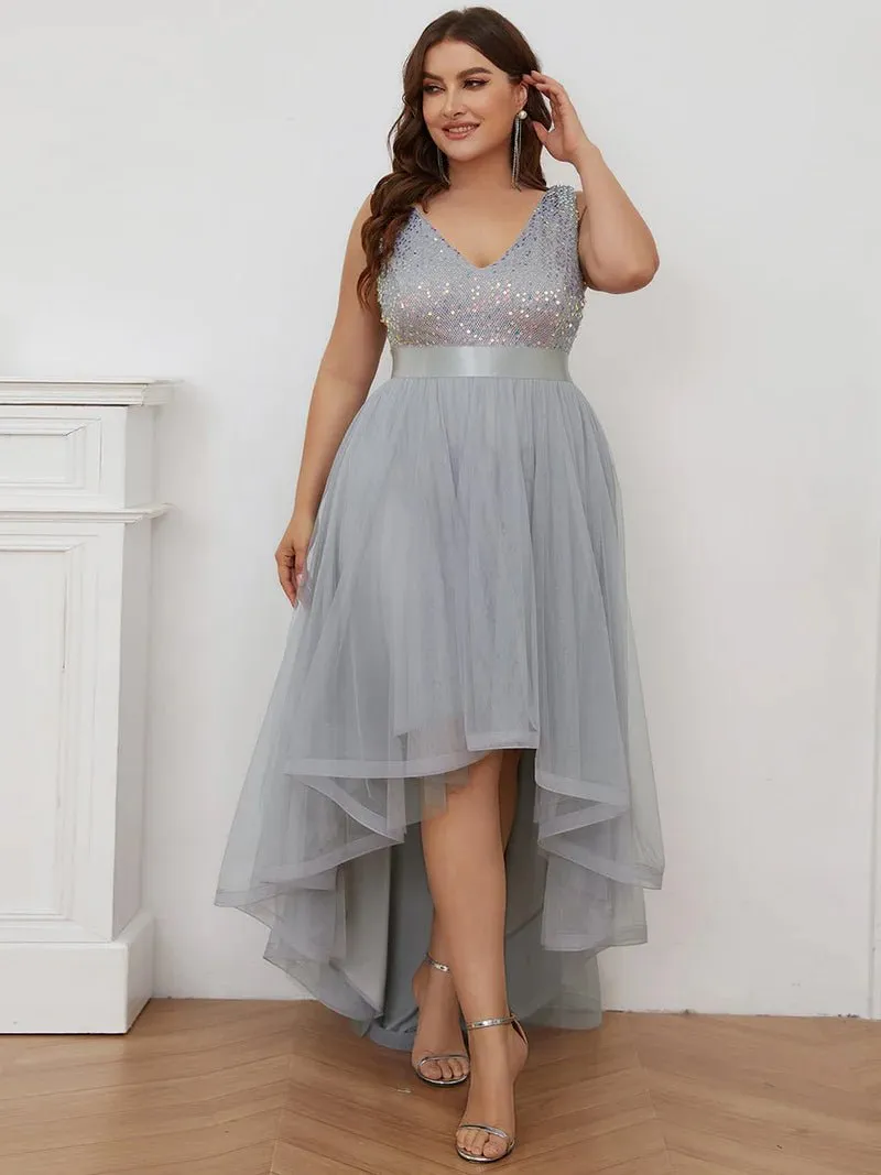 Sequin Top V-Neck High-Low Evening Dress