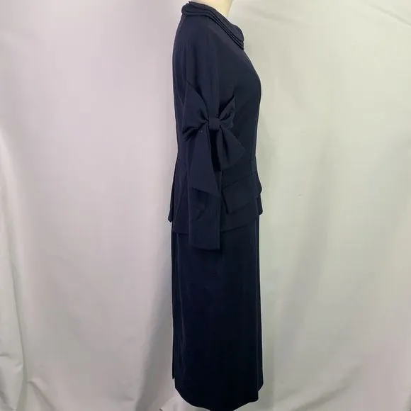 StogovaNavyBow Sleeve with Peplum Midi Dress