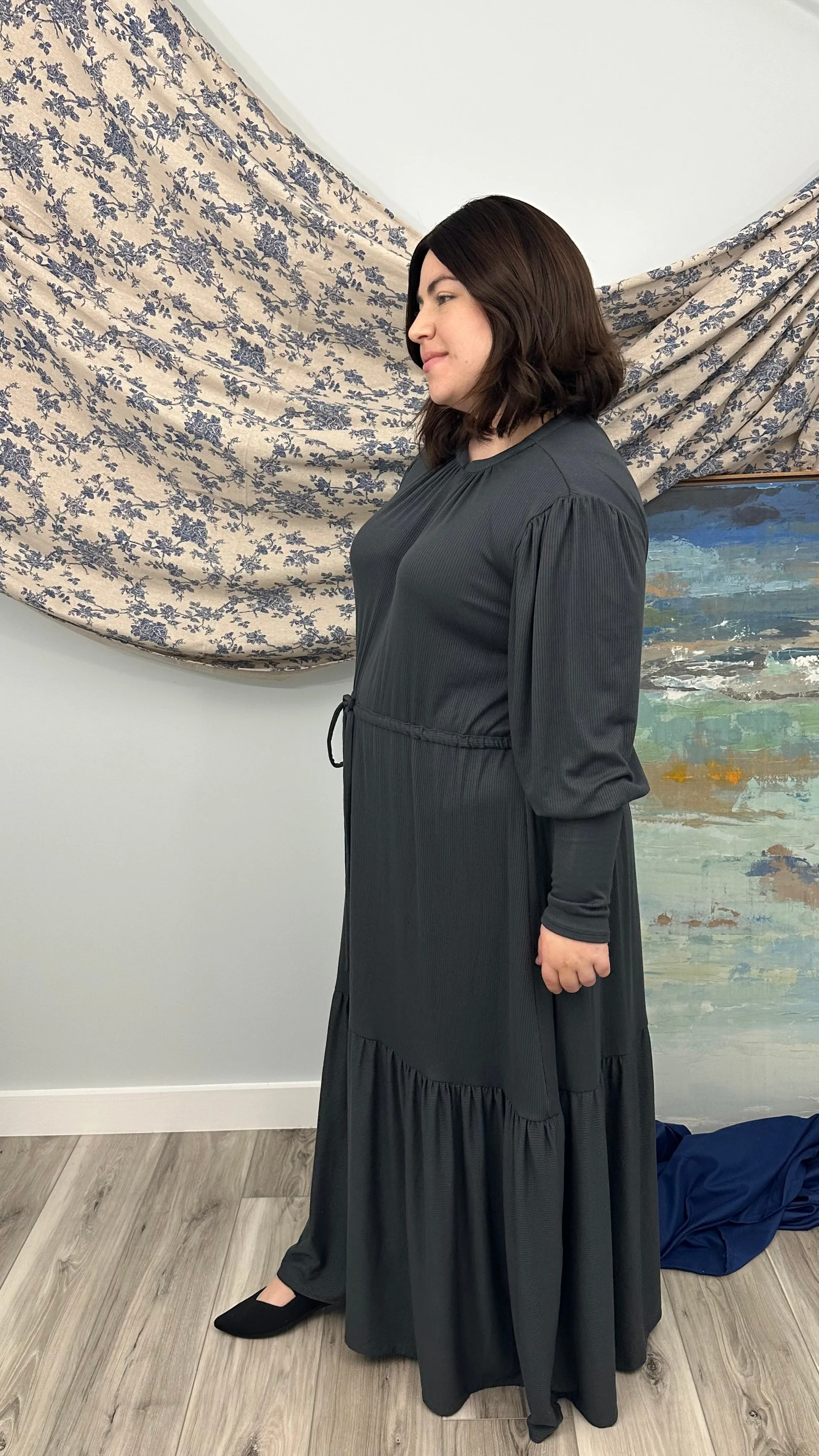 The Ribbed Maxi Drawstring Dress (Charcoal)*COMING SOON*